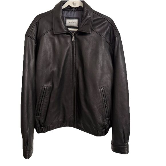 Hathaway Jacket Mens XL Black Leather Bomber Coat Vintage 90s Full Zip Pockets - Picture 1 of 12